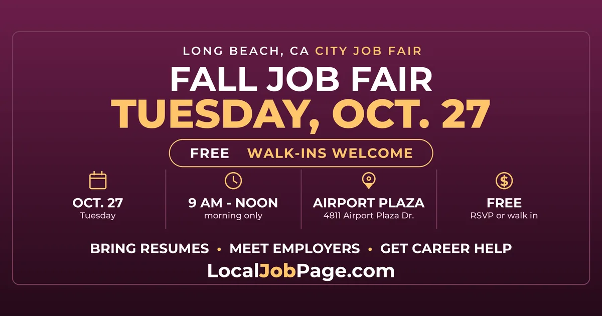Long Beach Fall Job Fair October 27: Free Walk-In Event on Airport Plaza Drive